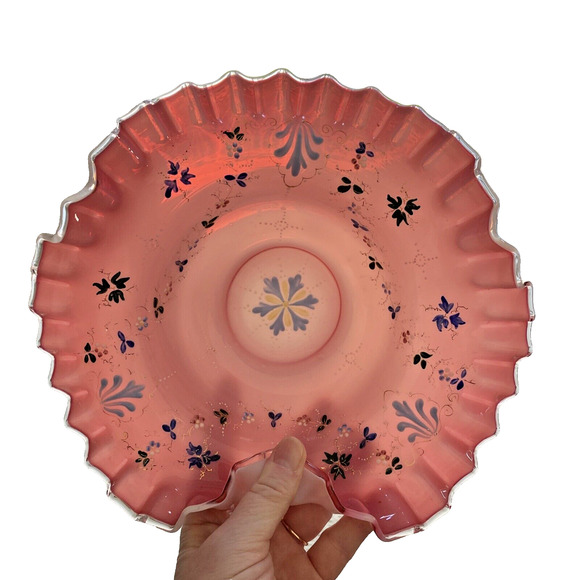 Victorian Brides Basket Bristol? Glass Cranberry Pink & White Bowl Enamel Design - Picture 2 of 10